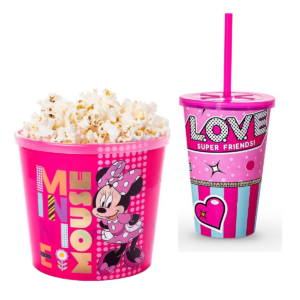 KIT CINEMA BALDE PIPOCA + COPO COM CANUDO