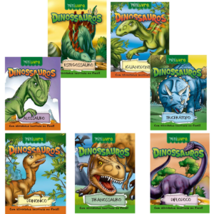 Kit 7 Mini Livros 16 paginas Dinossauros Com Atividades Estegossauro, Alossauro, Iguanodonte, Deinonico, Tiranossauro, Triceratopo e Diplodoco
